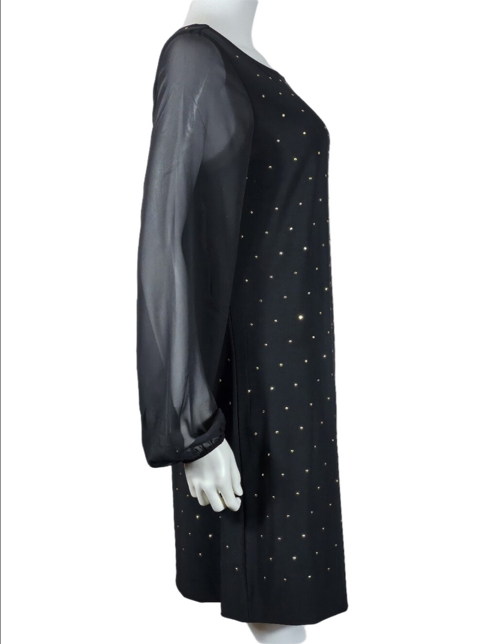 White House Black Market Sheer Long Sleeve Gold Studded Shift Cocktail Dress - Picture 10 of 15
